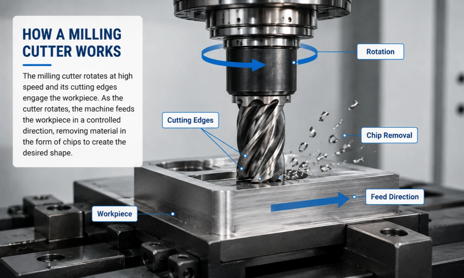 How a milling cutter works with rotation feed and chip removal