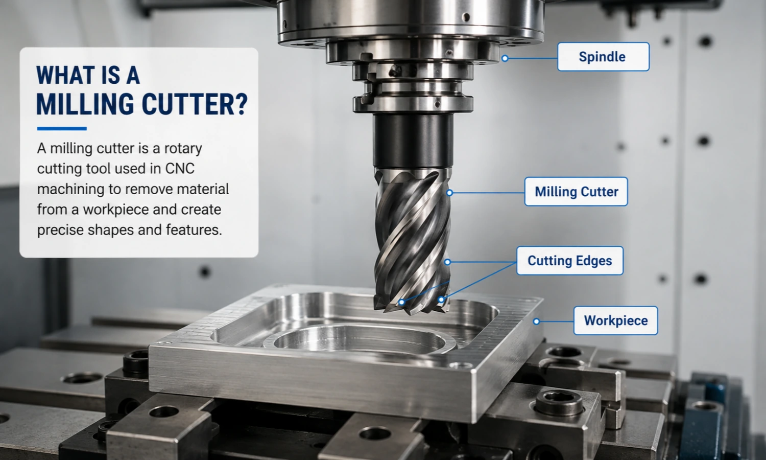 Milling cutter spindle cutting edges and workpiece