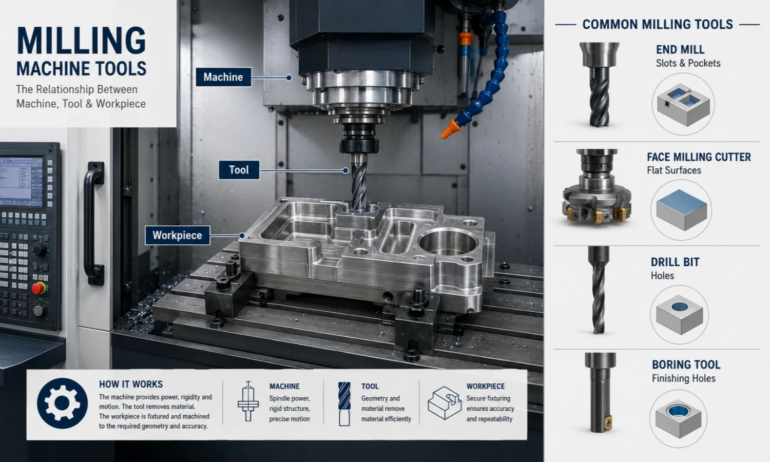 Milling machine tool and workpiece relationship in CNC machining