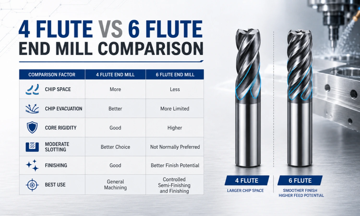 4 flute vs 6 flute end mill chip space and rigidity comparison