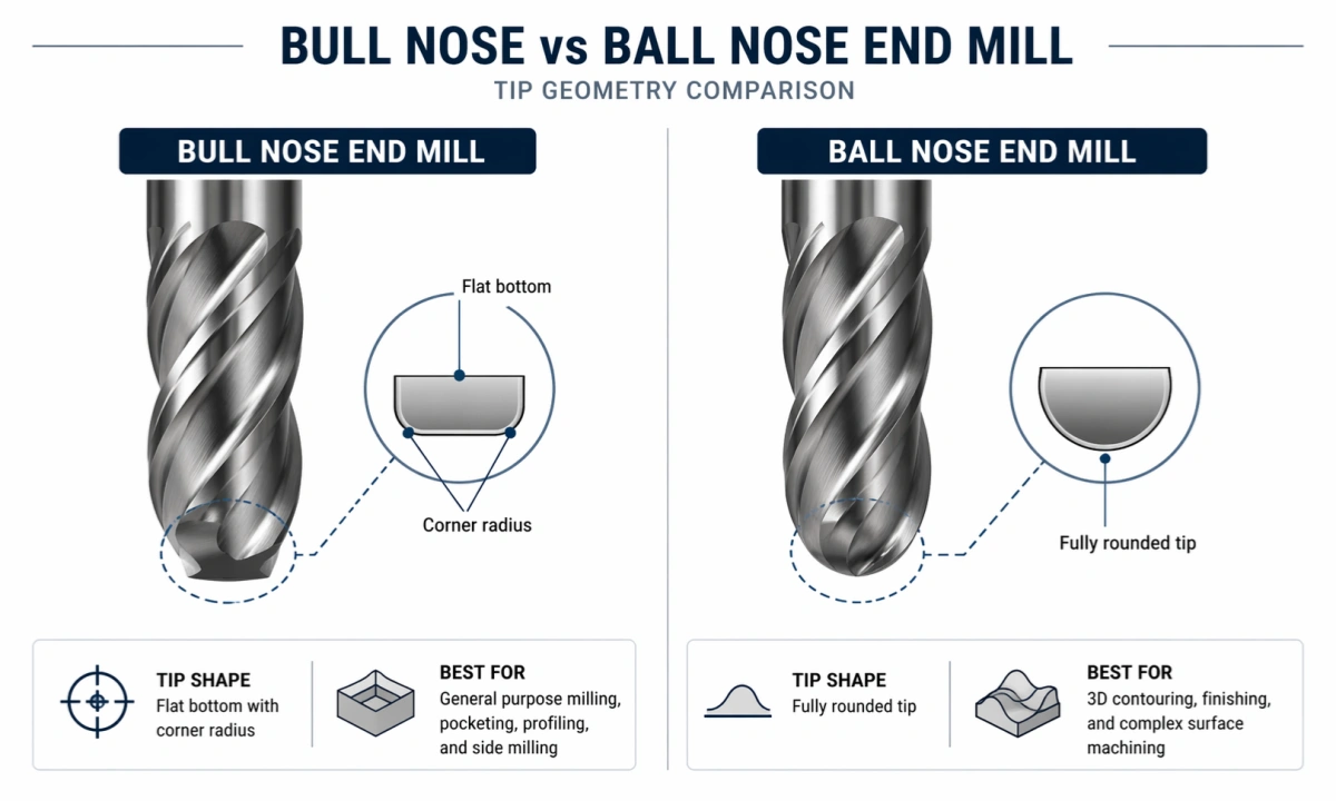 Bull nose vs ball nose end mill tip geometry comparison