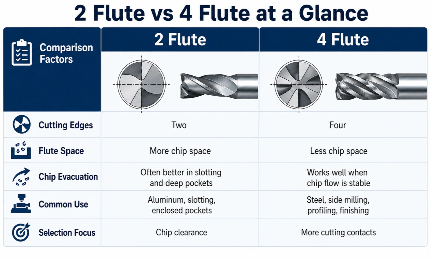 2 flute vs 4 flute end mill comparison of flute space and chip evacuation